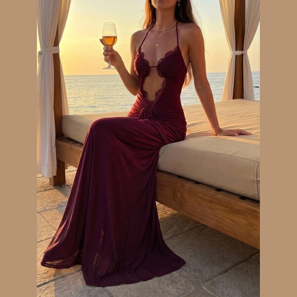 Burgundy Lace Trim Cutout Ruched Halter Slim Fit Draped Maxi Dress